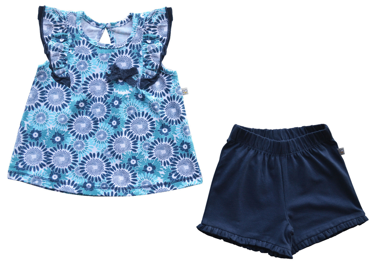 White Print Top Navy Shorts Set