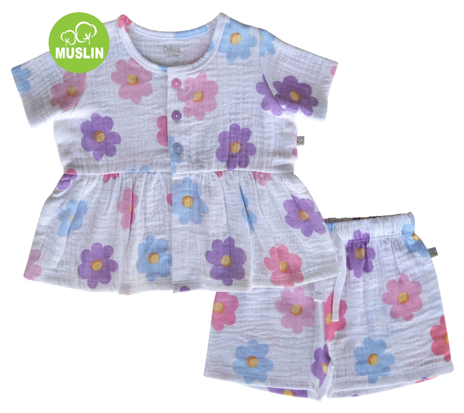 White Floral Printed Muslin Top Shorts set