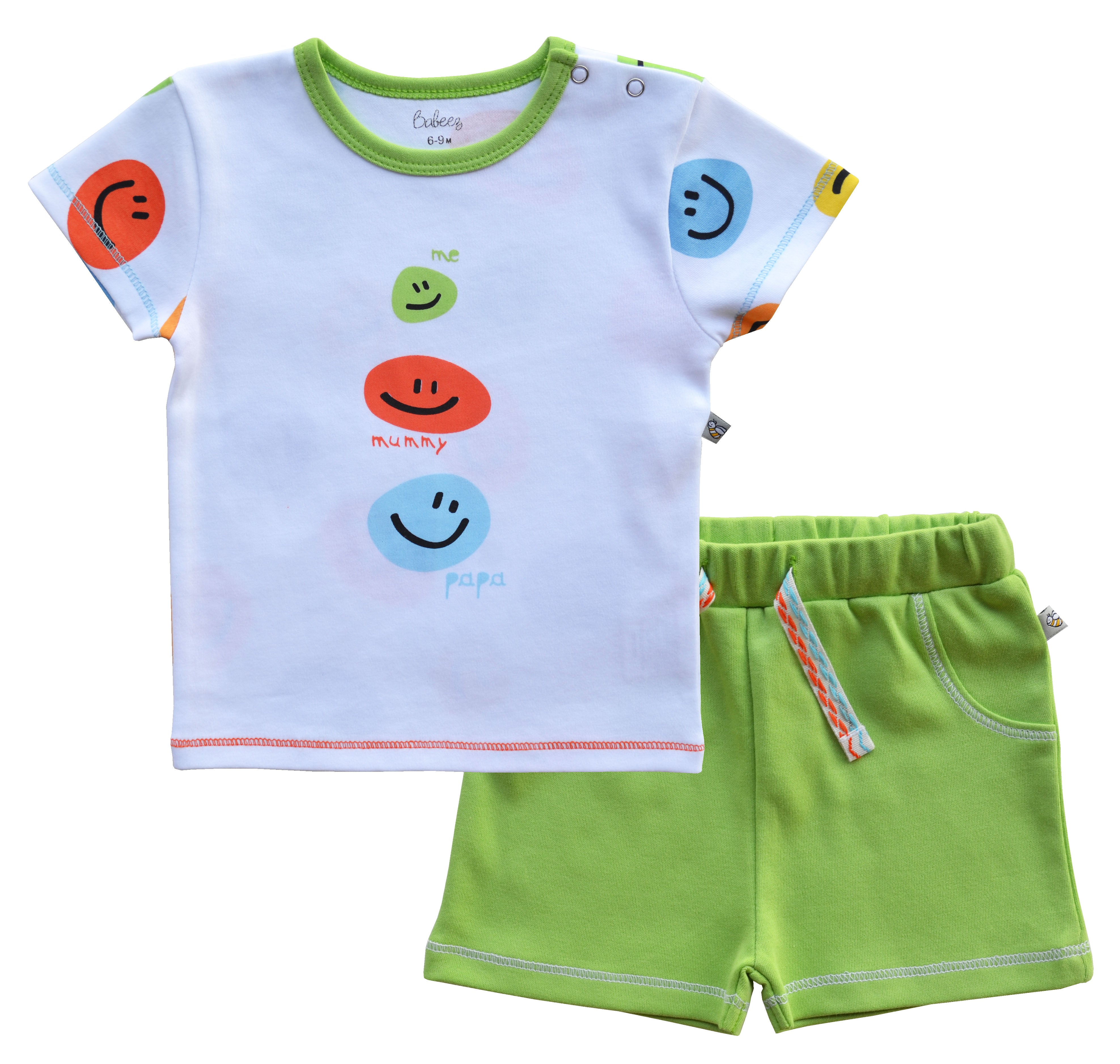 Smiley Print White Short T-Shirt Green Shorts Set