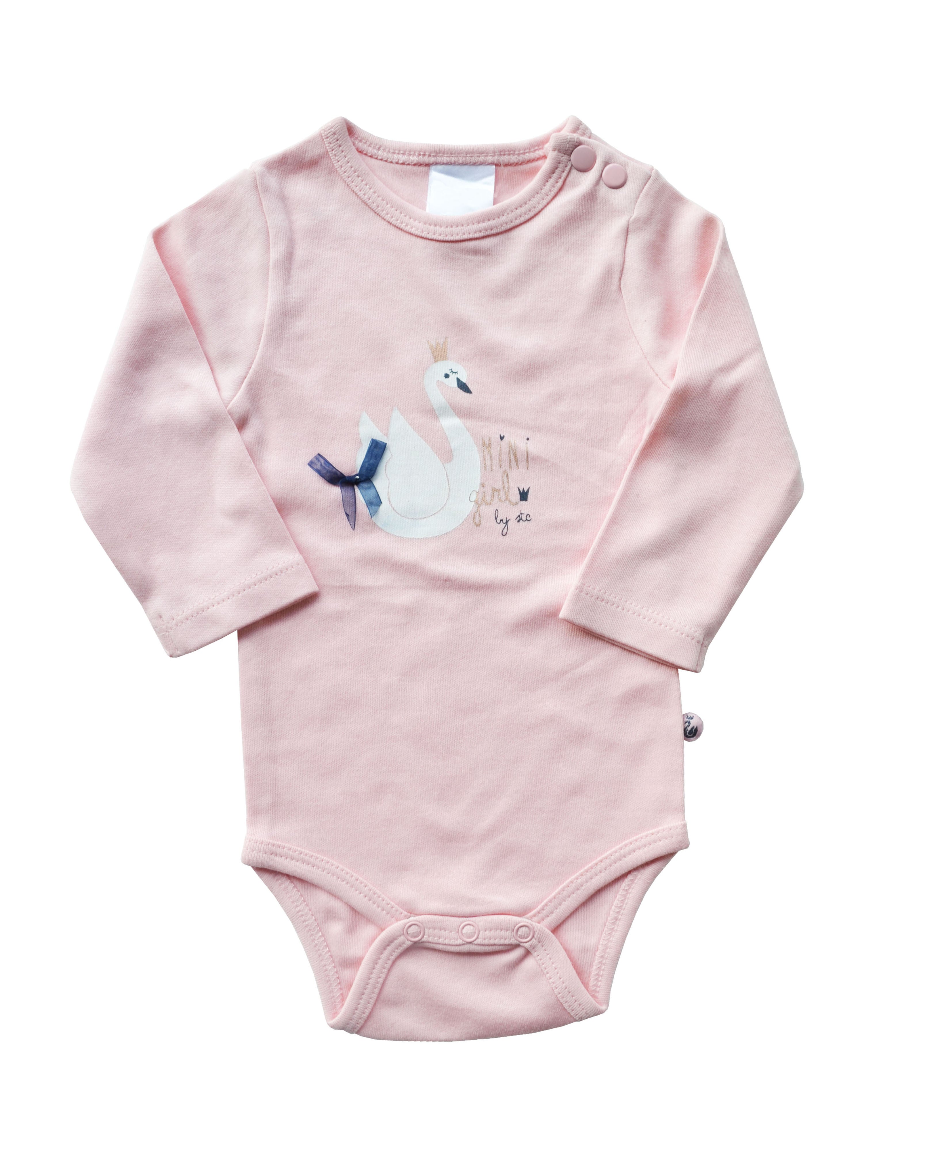Pink Full sleeve Romper with Swan print and bow